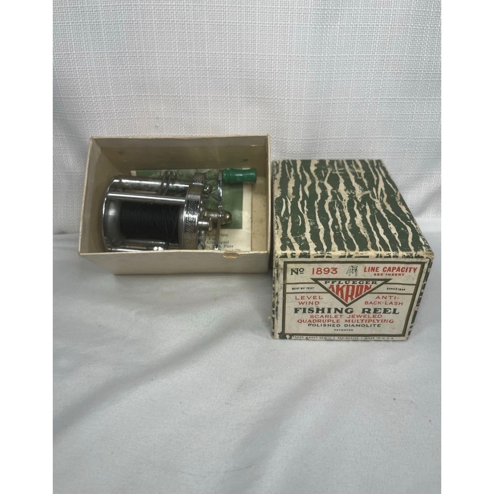Vintage Pflueger Akron No 1893 Fishing Reel Polished Diamolite with Box Manual